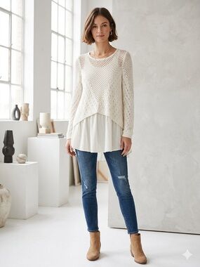 Anthropologie Ivory Crochet Open Knit Layered Sweater Set Size XS Boho Festival